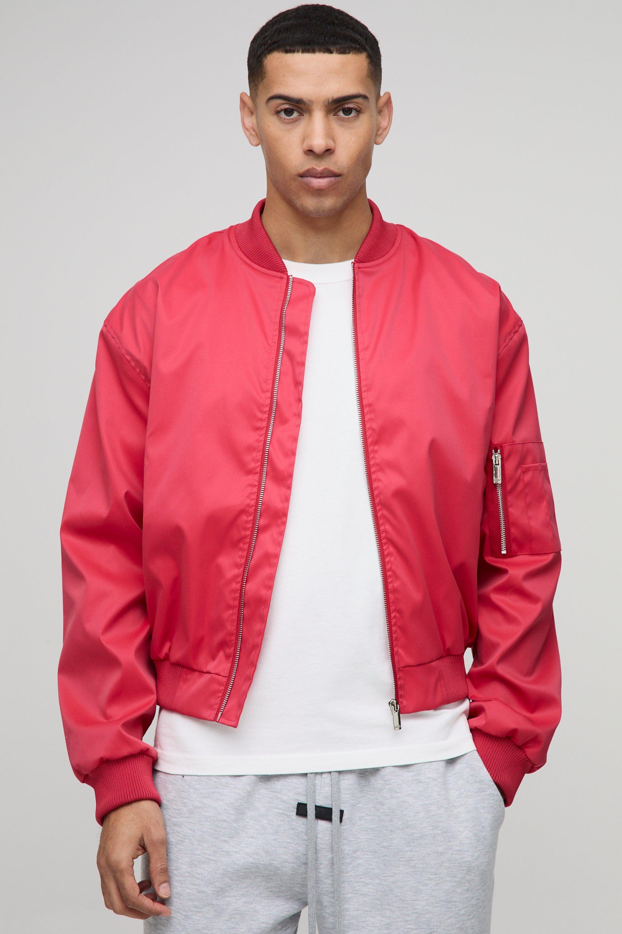 Mens Regular Fit Lightweight Washed Look Nylon Bomber Jacket - Red