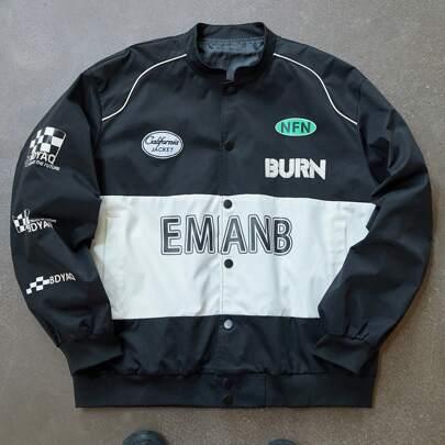 Men's Autumn Casual Color Block Letter Print Jacket,Motorcycle Style Jacket,Fall Men Clothes,Winter Men Jacket,Warm Jacket