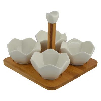 4 Condiment Ceramic Serving Bowls with Bamboo Tray and Handle