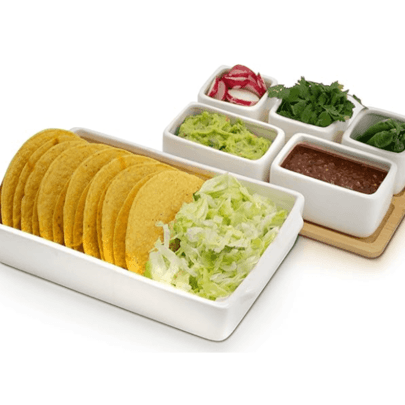 Appetizer Serving Tray Condiment Server With Bamboo Tray 7 Pieces Set, Ceramic, For Halloween Or Christmas Party