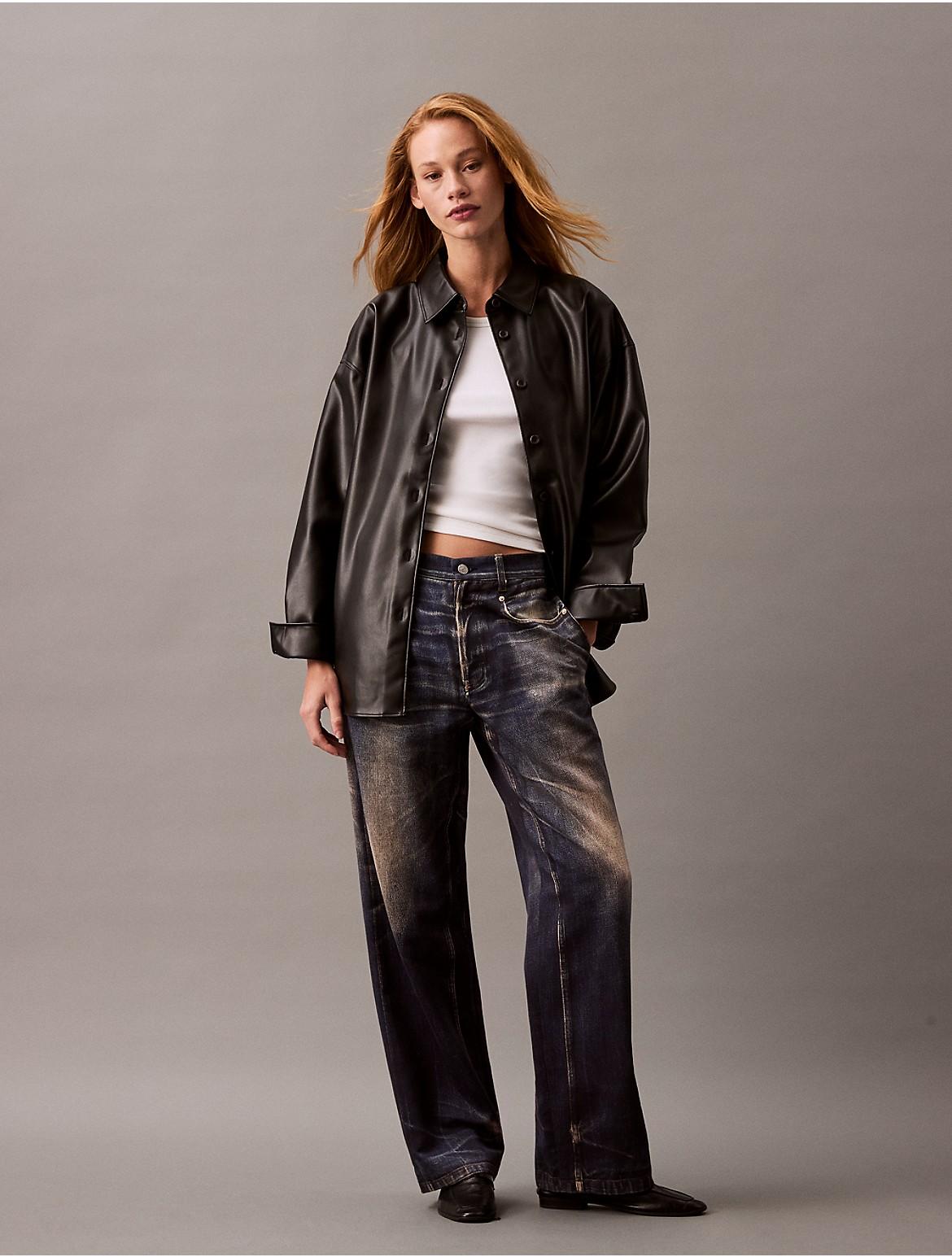 Calvin Klein Women's Faux Leather Relaxed Shirt Jacket - Black - XL