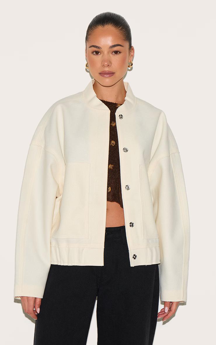 Cream Wool Look Longline Bomber Jacket
