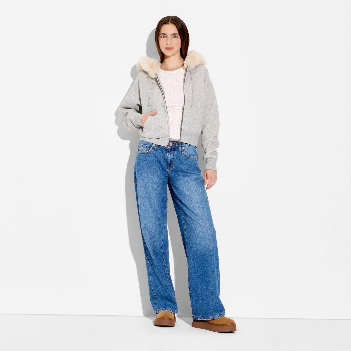 Women's Faux Fur Trim Hooded Zip-Up Sweatshirt - Wild Fable™