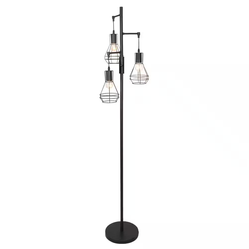 65.05 in. 3-Light Black Boho Metal Dimmable Tree Standing Floor Lamps with Shades (include 3 LED bulbs)