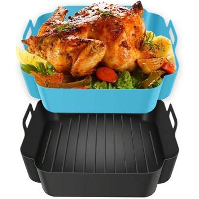 2Pcs Air Fryer Silicone Pot With Handle Reusable Air Fryer Liner Heat Resistant Air Fryer Silicone Basket Square Baking Tray Air Fryer Accessories Lin