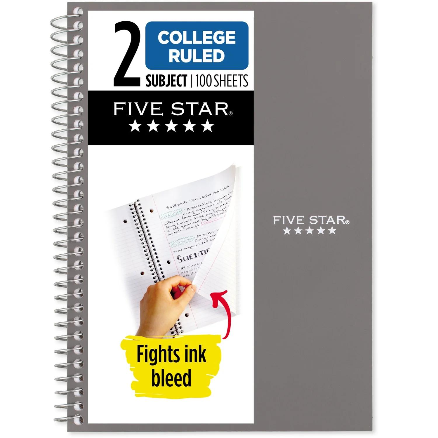 Five Star Wirebound Notebook  2 Subject  College Ruled  6  x 9.5   Gray